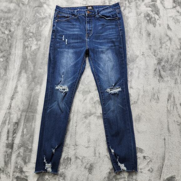 Simple Society Jeans Womens 5/27 Blue Distressed Ripped Mid Rise Skinny Stretch - Picture 1 of 15
